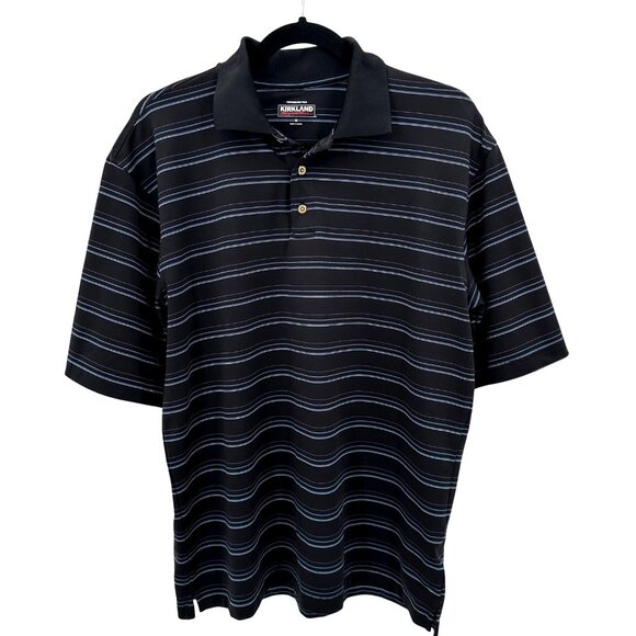 Kirkland Signature Mens Black Striped Performance Short Sleeve Polo Shirt M - Picture 1 of 7